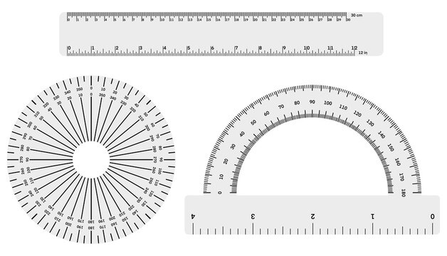 Educational mathematics geometry layout presents standard straight ruler alongside circular full circle and semicircular degree protractor measuring instruments for school students