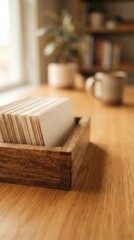 Fototapeta premium Minimalist Wooden Desk Organizer with Stacked Paper Notes and Ceramic Mug in a Cozy Sunlit Home Office Setting for Creative Productivity and Calm