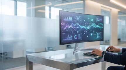 Fototapeta premium Business Professional Analyzing Interactive Data Visualization and Financial Growth Metrics on Wide Curved Desktop Monitor
