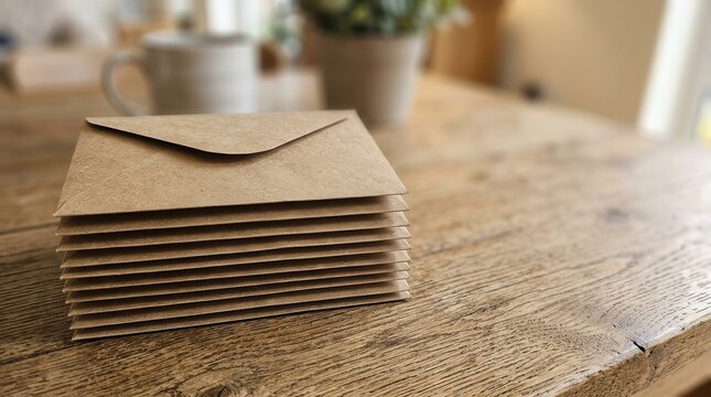 A stack of rustic brown paper envelopes resting on a weathered wooden table