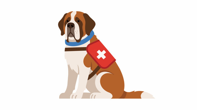 A detailed vector illustration of a Saint Bernard rescue dog sitting patiently while wearing a medical gear harness with a distinct cross symbol