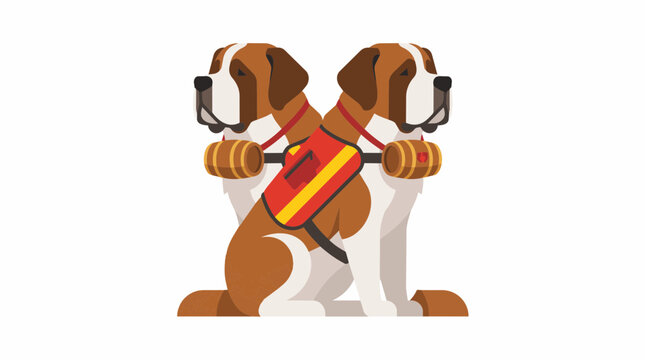St Bernard Rescue Dog Vector Illustration Featuring Two Loyal Canine Companions Equipped with Classic Barrels for Alpine Search and Rescue Missions