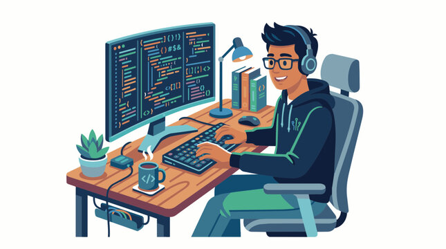 Young Software Developer Coding on Computer with Multiple Monitors in Home Office Workspace Setting Digital Vector Illustration Concept