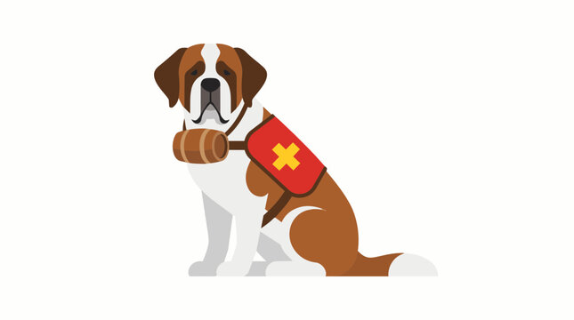 Vector illustration of a loyal Saint Bernard mountain rescue dog wearing a classic barrel collar and a professional medical emergency aid vest