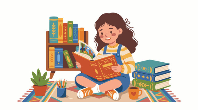 A young girl happily reading an engaging storybook while sitting on a colorful patterned rug surrounded by stacks of vintage library books and plants