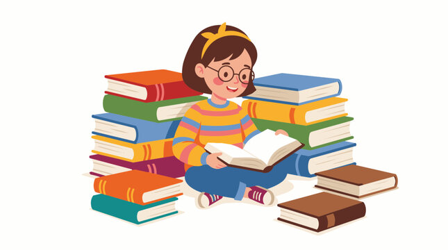 A young studious girl with glasses sits happily on the floor surrounded by a large collection of colorful books while reading her favorite story