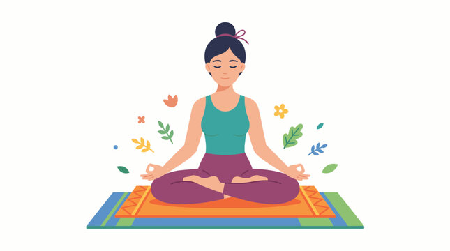 Woman practicing mindfulness and deep meditation in a serene lotus pose on a patterned mat surrounded by colorful nature inspired foliage elements