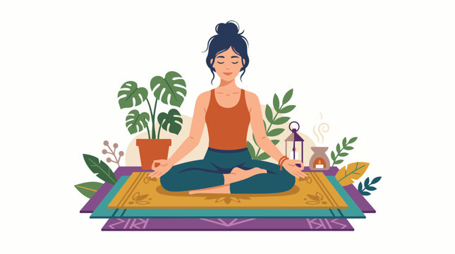 Young woman practicing mindfulness meditation in lotus pose on a colorful yoga mat surrounded by lush tropical plants and essential oil incense