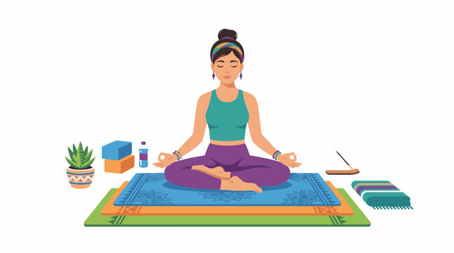Young woman sitting in a peaceful lotus yoga pose on a colorful mat with wellness accessories for mindful meditation and daily spiritual practice