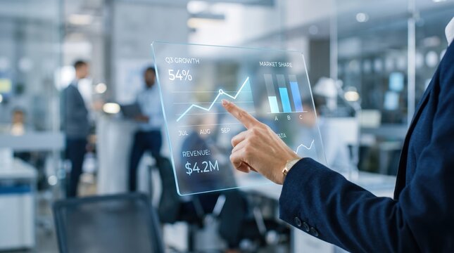 Businessman interacting with holographic growth chart display, Q3 revenue analytics and market share data visualization in modern office environment with team collaboration.