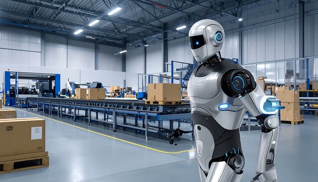 Humanoid robot walking in modern factory.