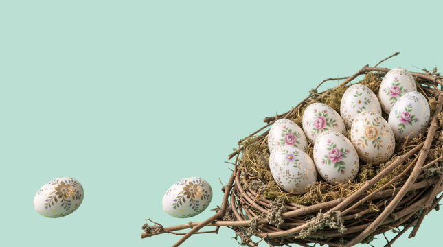 Decorated Easter eggs in a nest on a light green background
