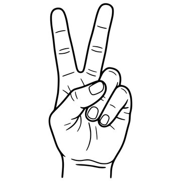 Hand Drawn Victory Peace Sign Hand Gesture Vector Line Art Illustration isolated on White Background for Success Two Fingers V Sign Communication Concept Symbol and Icon Design