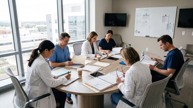 Diverse medical team meeting in conference room discussing patient cases, doctors and nurses reviewing documents, healthcare professionals collaboration, hospital administration