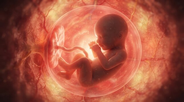 Fetus inside womb with amniotic sac illustration