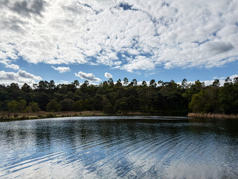 Lake lagoon with natural trees and weather clouds