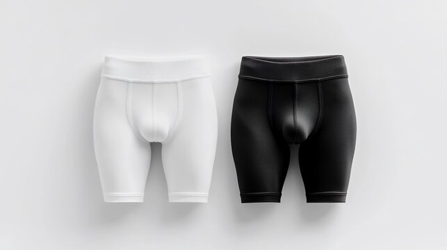 Apparel display  white & black  men's compression shorts against a bright backdrop