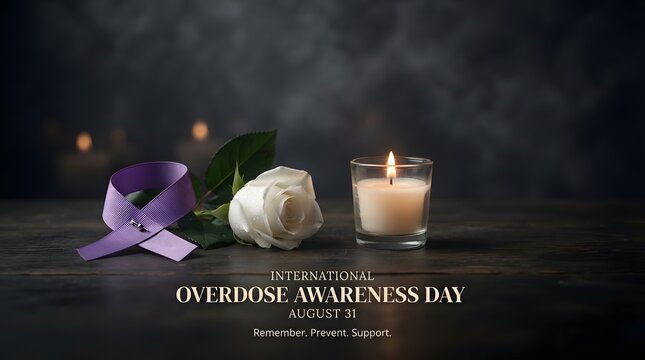 Purple ribbon and white rose with lit candle for international overdose