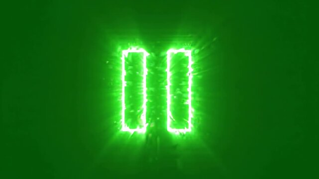 Animated neon green pause button icon pulsing with digital glow effect on chroma key green background for media player interface
