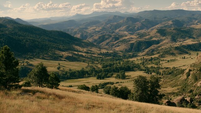 Majestic Mountain Landscape with Rolling Hills and Lush Green Valleys Under a Clear Blue Sky in Natural Wilderness of Colorado