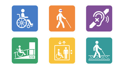 Fototapeta premium Disability and accessibility icons set for public guidance and navigation.