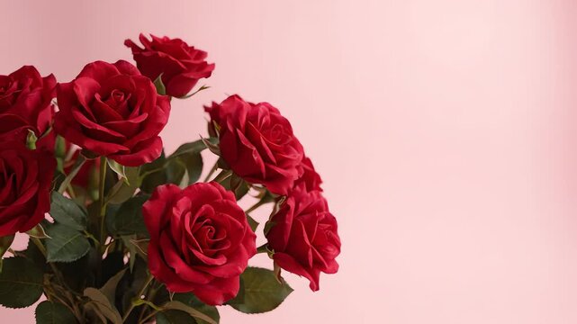 Beautiful red roses gently swaying against a minimalist pastel pink studio backdrop with generous copy space for text placement