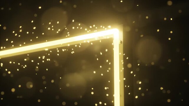 Bright neon yellow rectangular frame flickering and glowing against a dark empty studio background with subtle light particles floating