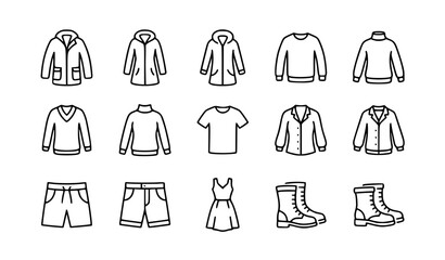 Men and Women Casual Fashion Apparel Line Icon Set with Winter Jackets, Sweaters, Shirts, Shorts, Dresses, and Leather Boots Symbols for Online Retail Web Designs © Abdul