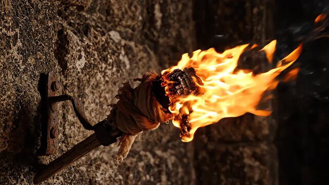 Cinematic timelapse of an ancient torch burning with bright orange flames as fuel is slowly consumed against a dark textured stone wall