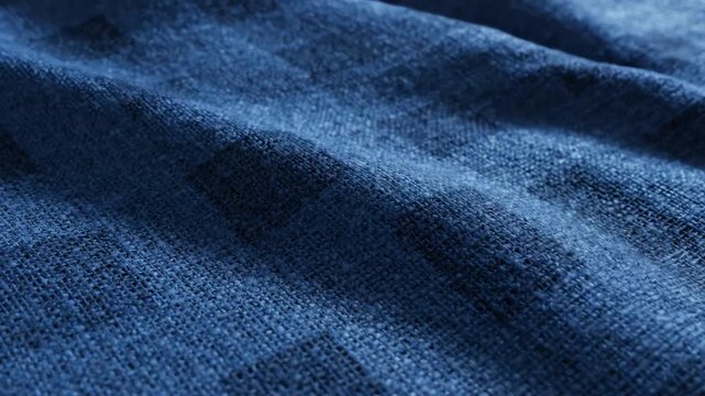 Close up of blue wavy fabric with a subtle check pattern and burlap texture moving slowly in a gentle breeze for abstract textile background