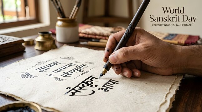 World sanskrit day calligraphy hand writing indian ancient language