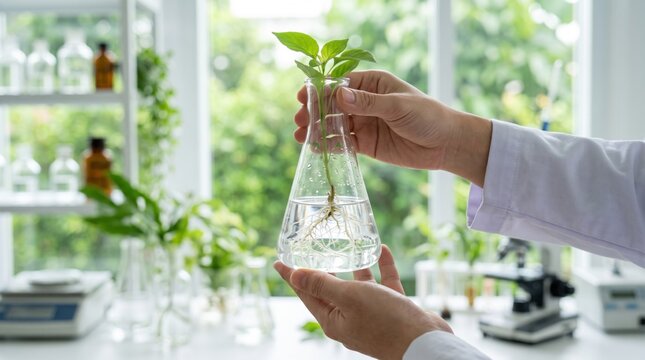 Scientist hands holding conical flask with growing plant seedling, biotechnology research, genetic engineering, agriculture science, laboratory experiment, sustainable farming