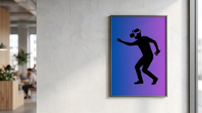 Digital illustration of a man wearing virtual reality headset displayed inside a sleek modern black picture frame on white wall