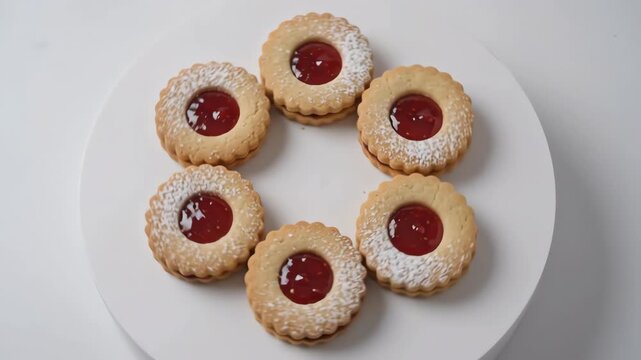 Delicious homemade sable biscuit cookies with red fruit jam center rotating on a clean white background