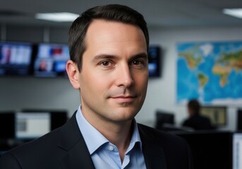 Fototapeta premium Serious professional man in a suit standing in a modern newsroom office with screens in background