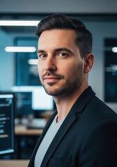 Fototapeta premium Professional young man with dark hair looking at camera in a modern office tech environment