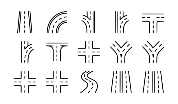 Road Intersection and Highway Lane Configuration Line Icon Set for Traffic Navigation Apps, Civil Engineering Blueprints, Urban City Infrastructure Planning, Driving School Manuals, and Logistics Map 