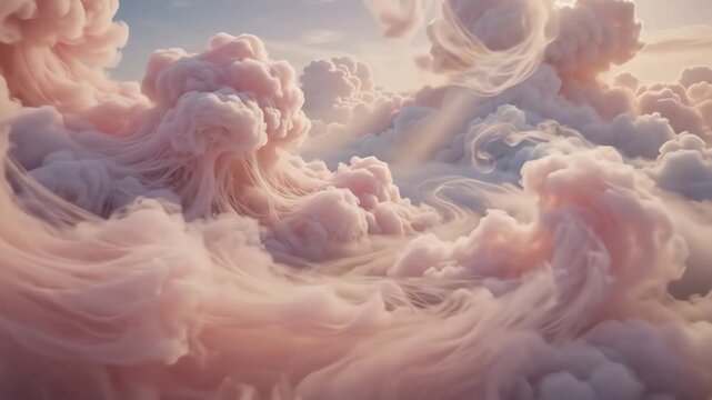 Dreamy pastel pink fog swirling around soft cotton candy clouds in a surreal ethereal sky