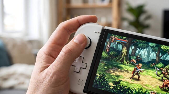 Handheld gaming console display showing colorful fantasy role playing adventure game held by a person in a bright living room