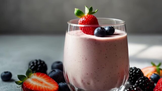 Strawberry Blueberry Smoothie with Fresh Berry Garnish in Glass Fruit Beverage