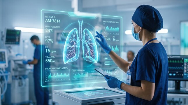 Female doctor analyzing patient lung function on futuristic holographic display in hospital, checking respiratory metrics and medical data for diagnosis.
