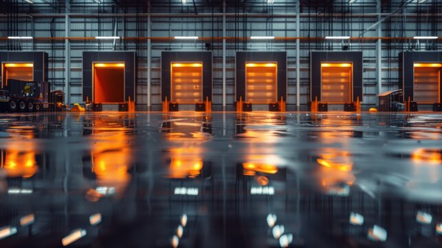 Automated logistics hub in storm showcasing warehouse lights and doors