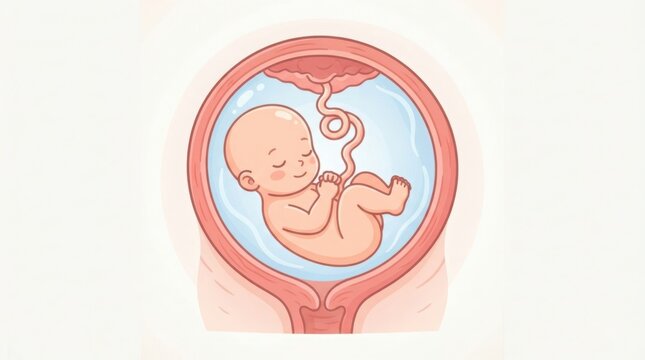 Baby inside uterus with umbilical cord illustration