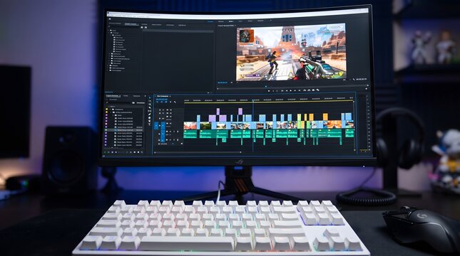 Curved computer monitor displays professional video editing software project featuring colorful timeline interface inside modern dark gaming studio setup lighting arrangement