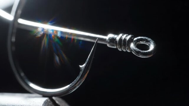 Extreme macro shot of a shiny stainless steel fishing hook with a sharp barb rotating slowly against a dark background for angling