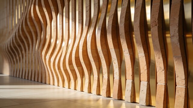 Parametric interior wall 3D rendering with curving stone slats and warm gold metallic accents. Perfectly suitable for architectural visualization, luxury branding, and backdrop designs.
