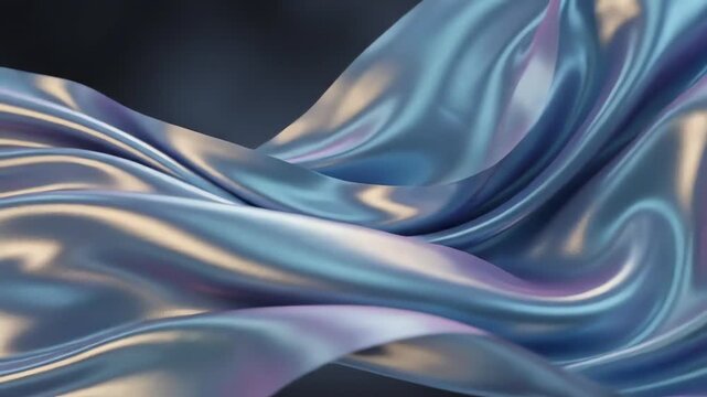 Flowing iridescent fabric shimmering under soft blue light with glowing metallic reflections and elegant silk movements