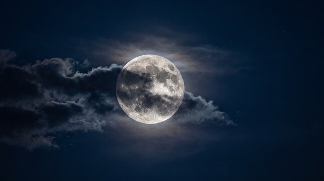 Full moon shining brightly in the dark night sky with wispy clouds passing by.