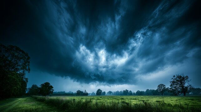 Dramatic Dark Storm Clouds Over Lush Green Field Under Dim Light During Approaching Rainy Weather in Rural Landscape
