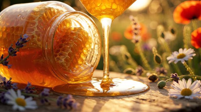 Golden organic honey in a glass jar with fresh honeycomb and wildflowers tilted under warm glowing sunlight with soft focus motion